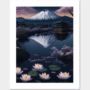 Serene Mount Fuji Sunset - Peaceful River Scenery - Lotus Flowers Posters and Art